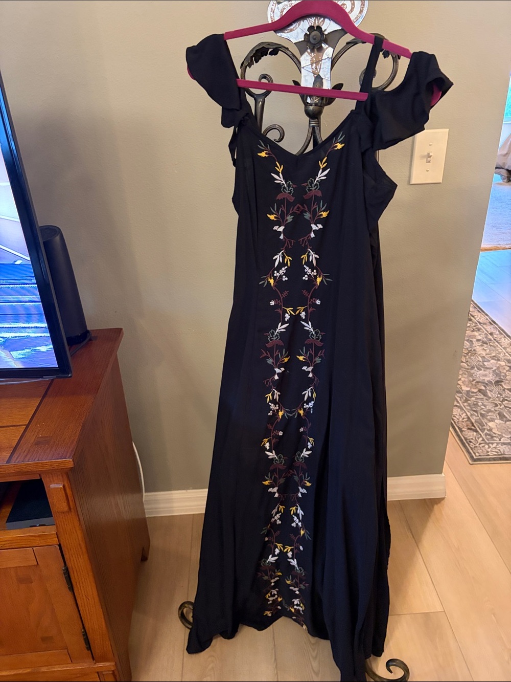Black Embroidered Ruffle-Shoulder Maxi Dress